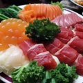 Japanese food, mixed with sashimi on a plate. AI Generative