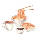 Japanese Food noodles and sushi. Watercolor illustration Isolated on white background. Hand drawn rice ball with salmon