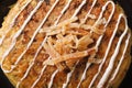 Japanese food: okonomiyaki on a plate macro. horizontal top view Royalty Free Stock Photo