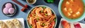 Japanese food panoramic banner. Japanese dishes, shot from above Royalty Free Stock Photo