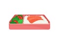 Japanese food in pink lunch box on white background.