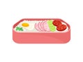 Japanese food in pink lunch box on white background.