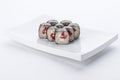 Japanese food restaurant, sushi maki gunkan roll plate or platter set. Sushi set and composition Royalty Free Stock Photo