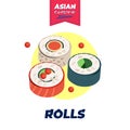 Japanese food rolls poster hand-drawn design. Japan national dish rice and raw seafood. Sushi bar advertising banner Royalty Free Stock Photo