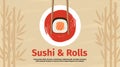 Japanese food. Salmon sushi and rice roll ad. Bamboo Chinese texture. Asian bento lunch menu. Wood chopsticks. Red