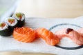 Japanese food salmon sushi set with salmon maki salmon sushi and caviar Royalty Free Stock Photo