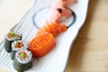 Japanese food salmon sushi set with salmon maki salmon sushi and caviar Royalty Free Stock Photo