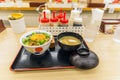 Japanese food, set of gyudon, beef and egg on rice with soup