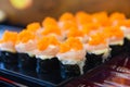 Japanese food shrimp sushi roll rice with tobiko egg is orange flying fish roe nori in the restaurant sushi menu set japanese Royalty Free Stock Photo