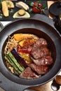 Sliced beef steak with fried vegetables cover rice Royalty Free Stock Photo