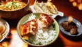 Japanese food in small bowls with rice, salmon, gyoza and eggplant