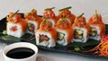 Japanese food speciality, sushi and sashimi presented in a platter Royalty Free Stock Photo