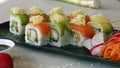 Japanese food speciality, sushi and sashimi presented in a platter Royalty Free Stock Photo