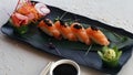 Japanese food speciality, sushi and sashimi presented in a platter Royalty Free Stock Photo