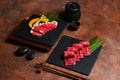 Japanese Food style : The premiums sliced Wagyu beef put on the plate for ready to cooking or grill