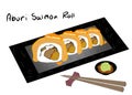 Japanese food style, Sushi salmon roll topped with salmon eggs on black plate isolated Royalty Free Stock Photo