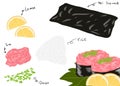 Japanese food style, Sushi tuna roll or Negi Toro ingredients with tuna, rice, nori seaweed, lamon and scallion