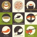 Japanese food sushi collection. Set of colorful flat icons. Vector illustration
