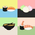 Japanese food Sushi Collection. Shrimp, dim sum, miso soup, roll. Web icon set. Royalty Free Stock Photo