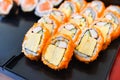 Japanese food sushi roll rice crab stick omelet with Tobiko egg is orange flying fish roe nori in the restaurant sushi menu set Royalty Free Stock Photo