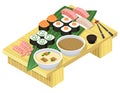 Japanese food. Sushi and rolls on wooden stand