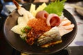 Japanese food. sushi and sashimi big set include salmon, tuna, otoro and lobster Royalty Free Stock Photo