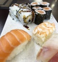 Japanese Food, Sushi and Sashimi. Rainbow Sushi Roll with Salmon, Eel, Tuna, avocado, Royal Prawn, Cream Cheese Philadelphia, Royalty Free Stock Photo
