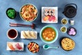 Japanese Food, Sushi, udon, miso soup, tea, mochi etc, overhead flat lay shot Royalty Free Stock Photo