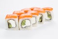 Japanese food, tasty of meal for lunch. Seafood. Philadelphia roll, salmon, soft cheese and kiwi