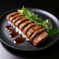 Japanese food, teriyaki chicken with sesame on a black background. AI Generative Royalty Free Stock Photo