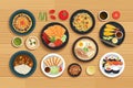 Japanese food on top view wooden background