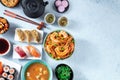 Japanese food variety flat lay with a place for text. Various dishes of Japan Royalty Free Stock Photo