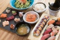 Japanese food variety set on wooden table