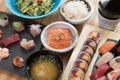 Japanese food variety set on wooden table