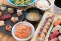 Japanese food variety set on wooden table