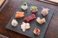 Japanese food variety set on wooden table