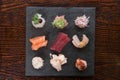 Japanese food variety set on wooden table