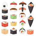 Japanese food vector sushi sashimi roll or nigiri and appetizer with seafood rice in Japan restaurant illustration Royalty Free Stock Photo