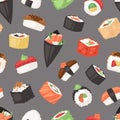 Japanese food vector sushi sashimi roll or nigiri and appetizer with seafood rice in Japan restaurant illustration