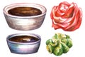 Japanese food wasabi, pickled ginger, soy sauce watercolor illustration