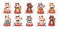 Japanese fortune cat. Maneki neko with money and lucky talismans. Rich kitty in funny collar with bell. Animal toys set