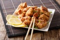 Japanese freshly prepared chicken karaage with lemon close-up on