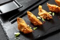 Japanese Fried Dumplings with onions on a black background. Gyoza is a very popular dish in Japan. It was originally