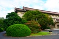 Japanese garden on the background of building Royalty Free Stock Photo