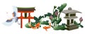 Japanese garden for banner and travel poster. Vector set with lotus, tsuru and koi carps