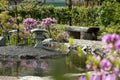 Japanese garden bench of wood, a pond, a Bush with pink flowers, rhododendron, track stone