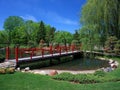 Japanese garden in Bloomington with red bridge