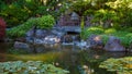 Japanese garden with bridge above a waterfall and pond that is home to Koi