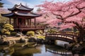 Japanese garden with cherry blossom and chinese temple. Spring season. A blooming cherry blossom garden with a traditional Royalty Free Stock Photo