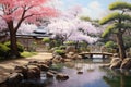 Japanese garden with cherry blossom trees and wooden bridge in spring time, Japanese garden painting with a sakura tree, ultra- Royalty Free Stock Photo